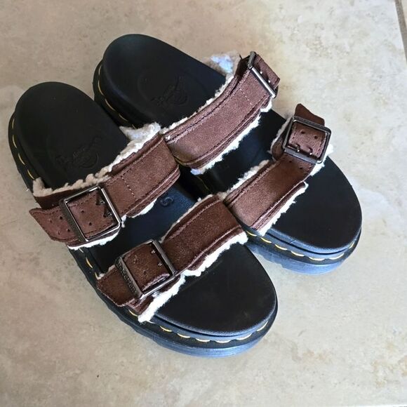 Dr Martens Myles Fur Lined Buckle Slide Sandals in Brown Suede Womens/ki… - Picture 1 of 8